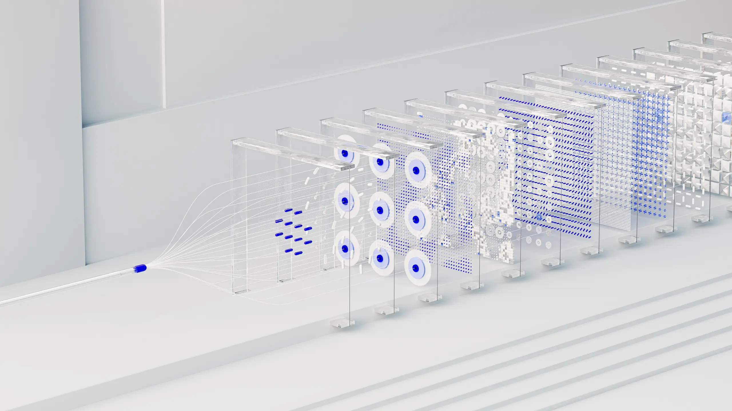 Layers of a neural network visualised as glass panels, signals flowing through them