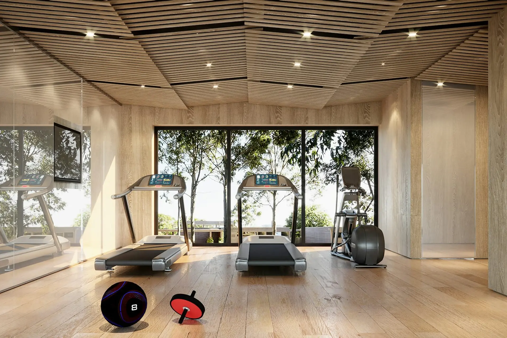 Modern gym with treadmills facing a floor-to-ceiling window